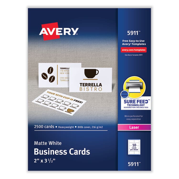 AVERY PRODUCTS CORPORATION Printable Microperforated Business Cards with Sure Feed Technology, Laser, 2 x 3.5, White, 10/Sheet, 250 Sheets/Box (AVE5911)