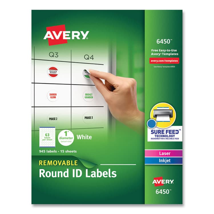 AVERY PRODUCTS CORPORATION Removable Multi-Use Labels, Inkjet/Laser Printers, 1" dia, White, 63/Sheet, 15 Sheets/Pack (AVE6450)