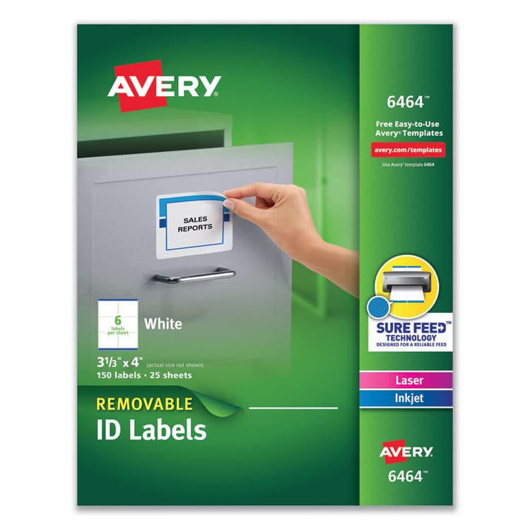 AVERY PRODUCTS CORPORATION Removable Multi-Use Labels, Inkjet/Laser Printers, 3.33 x 4, White, 6/Sheet, 25 Sheets/Pack (AVE6464)