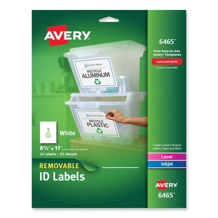 AVERY PRODUCTS CORPORATION Removable Multi-Use Labels, Inkjet/Laser Printers, 8.5 x 11, White, 25/Pack (AVE6465)