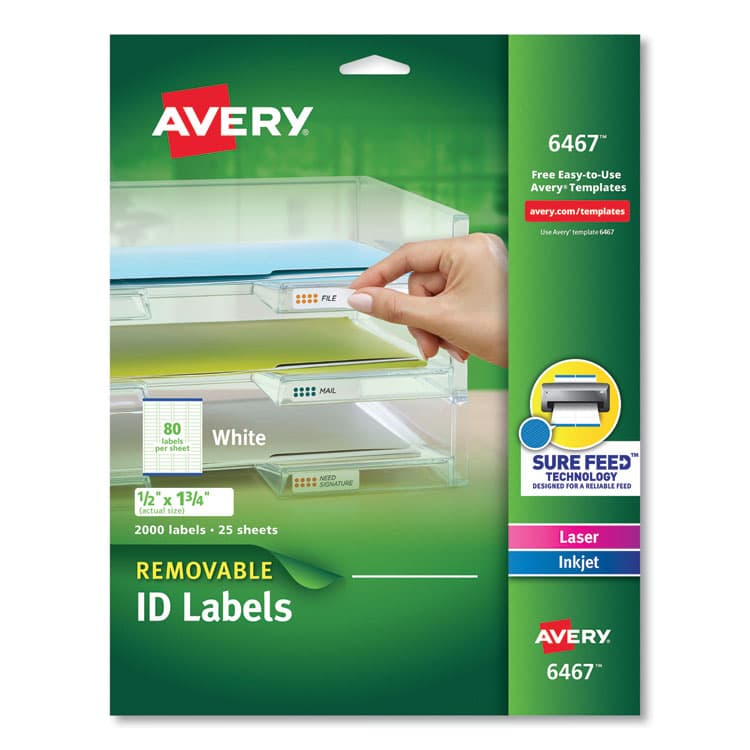 AVERY PRODUCTS CORPORATION Removable Multi-Use Labels, Inkjet/Laser Printers, 0.5 x 1.75, White, 80/Sheet, 25 Sheets/Pack (AVE6467)