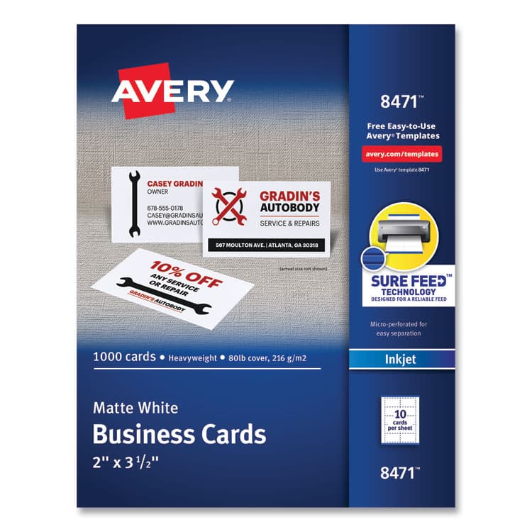 AVERY PRODUCTS CORPORATION Printable Microperforated Business Cards with Sure Feed Technology, Inkjet, 2 x 3.5, White, 10/Sheet, 100 Sheets/Bx (AVE8471)