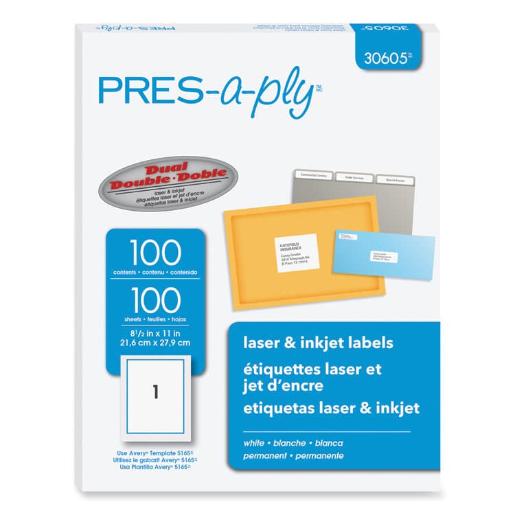AVERY PRODUCTS CORPORATION Labels, Laser Printers, 8.5 x 11, White, 100/Box (AVE30605)