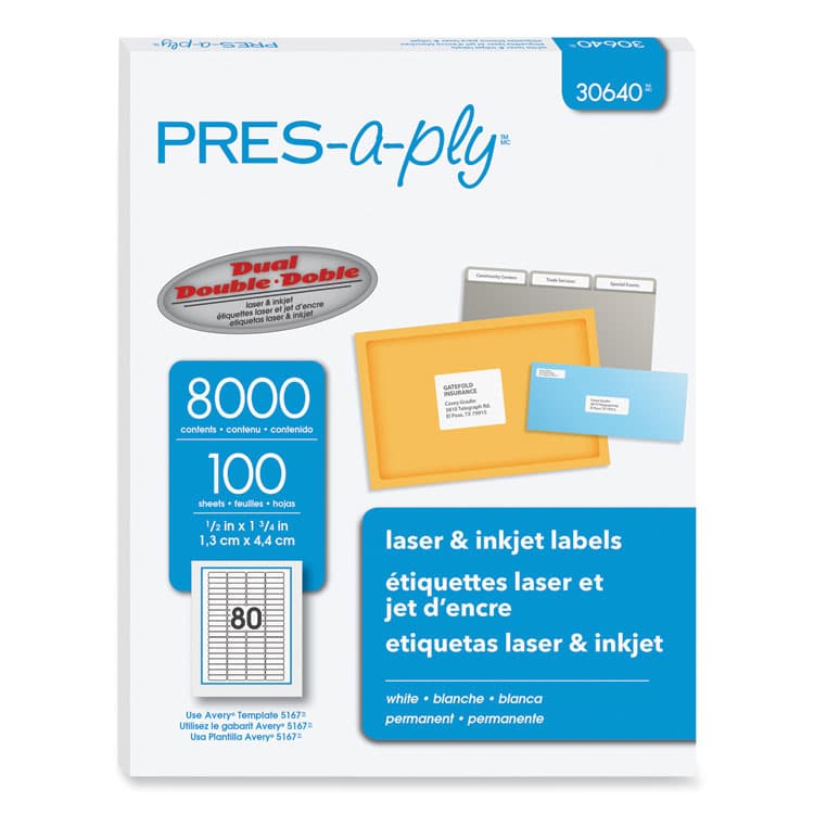 AVERY PRODUCTS CORPORATION Labels, Inkjet/Laser Printers, 0.5 x 1.75, White, 80/Sheet, 100 Sheets/Pack (AVE30640)