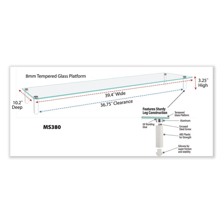 KANTEK . Extra Wide Glass Monitor Riser, 39.4" x 10.2" x 3.25", Clear, Supports 60 lbs (KTKMS380) thumbnail 3