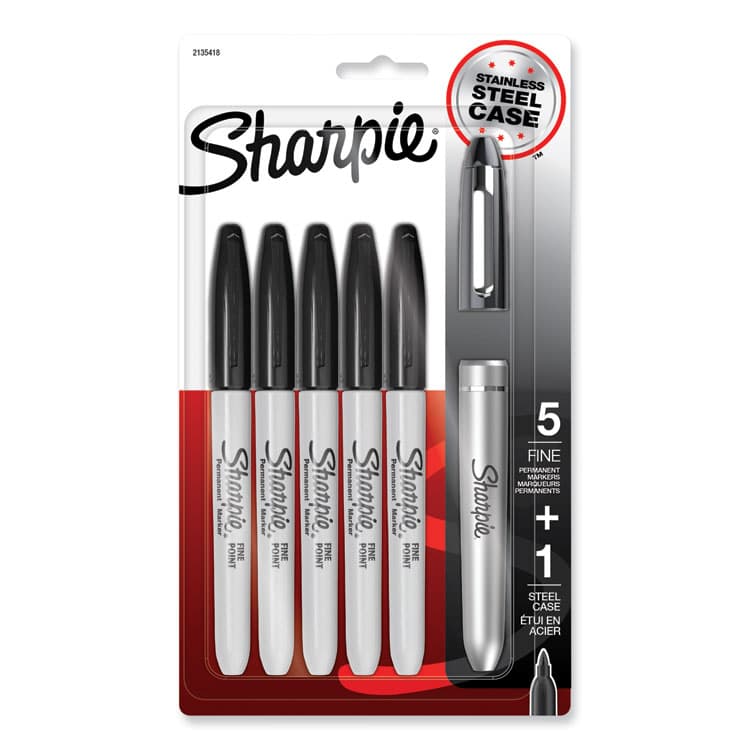 SANFORD Fine Tip Permanent Marker, Stainless Steel Single Marker Case, Fine Bullet Tip, Black, 5/Pack (SAN2135418)