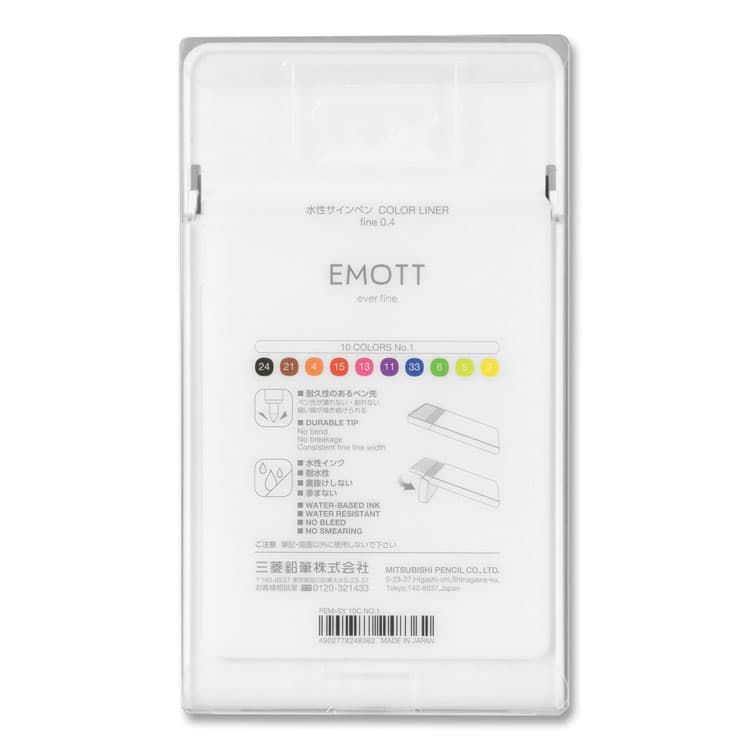 UNI EMOTT Porous Point Pen, Stick, Fine 0.4 mm, Assorted Ink Colors, White Barrel, 10/Pack (UBC24836)