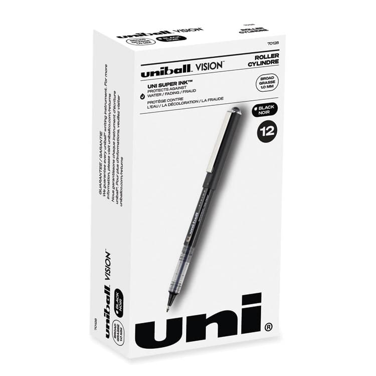 UNI VISION Rollerball Pen, Stick, Bold 1 mm, Black Ink, Gray/Black/Clear Barrel, Dozen (UBC70128)