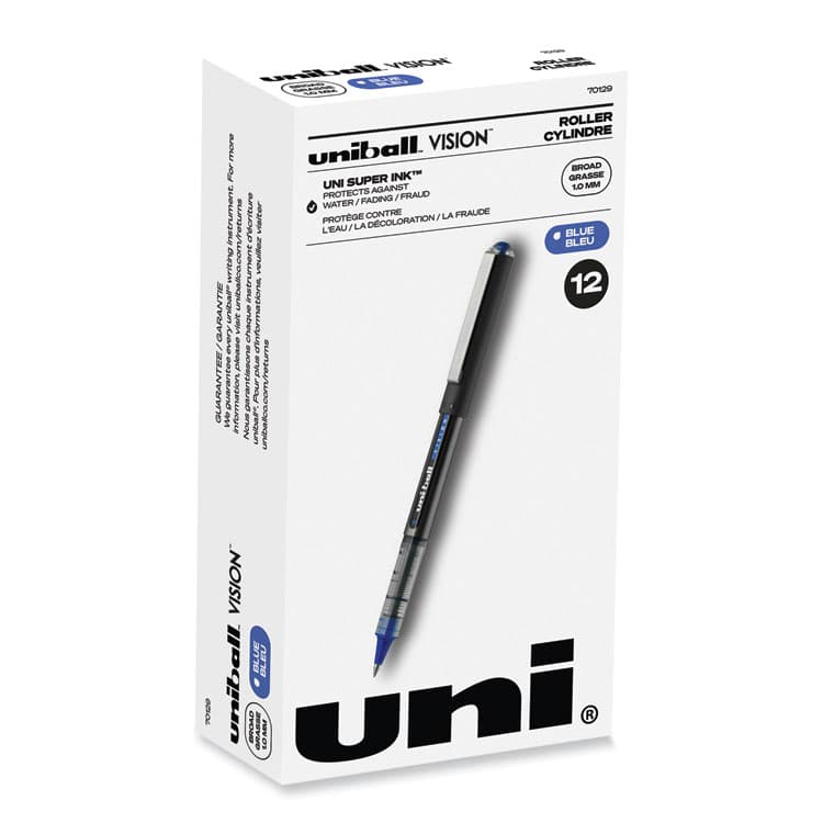 UNI VISION Rollerball Pen, Stick, Bold 1 mm, Blue Ink, Black/Blue/Clear Barrel, Dozen (UBC70129)