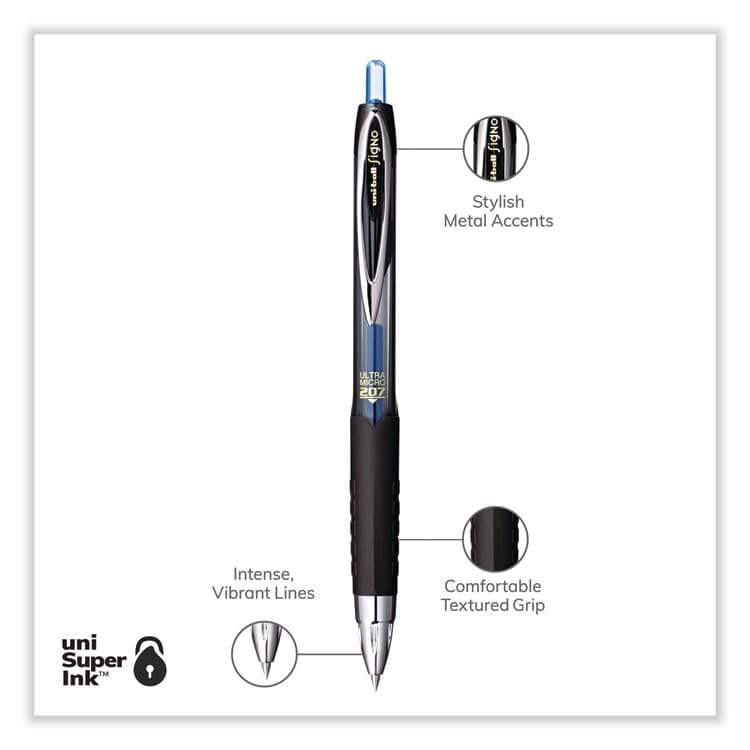 UNI 207 Ultra Micro Gel Pen, Retractable, Ultra-Micro 0.38 mm, Blue Ink, Clear/Black Barrel (UBC1790923) thumbnail 4