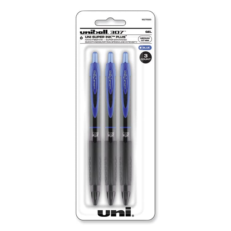 UNI 307 Gel Pen, Retractable, Medium 0.7 mm, Blue Ink, Blue Barrel, 3/Pack (UBC1927593)