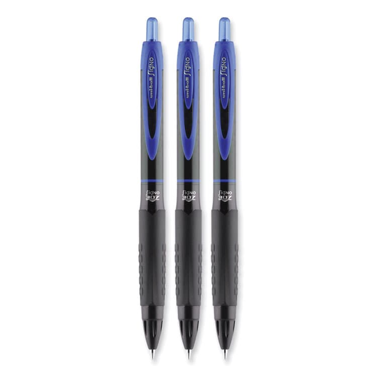 UNI 307 Gel Pen, Retractable, Medium 0.7 mm, Blue Ink, Blue Barrel, 3/Pack (UBC1927593) thumbnail 4
