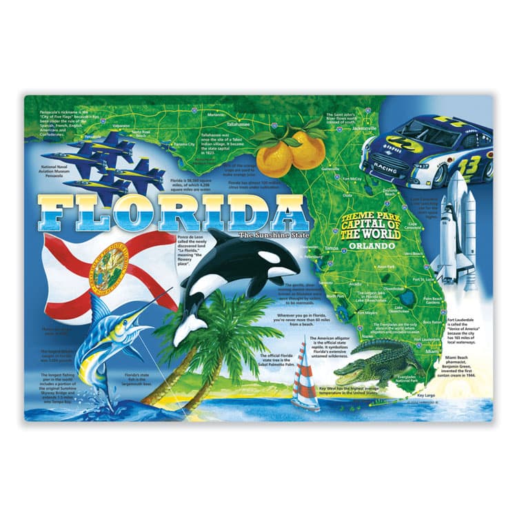 HOFFMASTER Placemats, Culture and Geography of Florida, Smooth Surface, Straight Edges, 14" x 10", Blue/Green/Orange, 1,000/Carton (HFM311110)