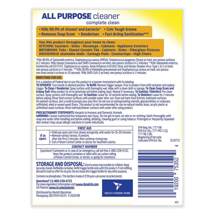 RECKITT BENCKISER Ready-to-Use All-Purpose Cleaner, Lemon Breeze, 32 oz Spray Bottle (RAC75352EA) thumbnail 3