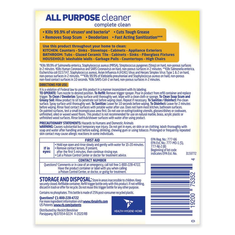 RECKITT BENCKISER Ready-to-Use All-Purpose Cleaner, Lemon Breeze, 32 oz Spray Bottle (RAC75352EA) thumbnail 4