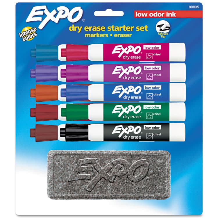 SANFORD Low-Odor, Dry Erase 10-Color Marker and Eraser Set, Broad Chisel Tip, Assorted Colors, 10/Set (SAN80835)