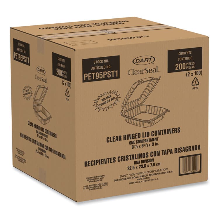 DART ClearSeal Hinged-Lid Plastic Containers, 9.3 x 8.83 x 3, Clear, 200/Carton (DCCPET95PST1) thumbnail 4