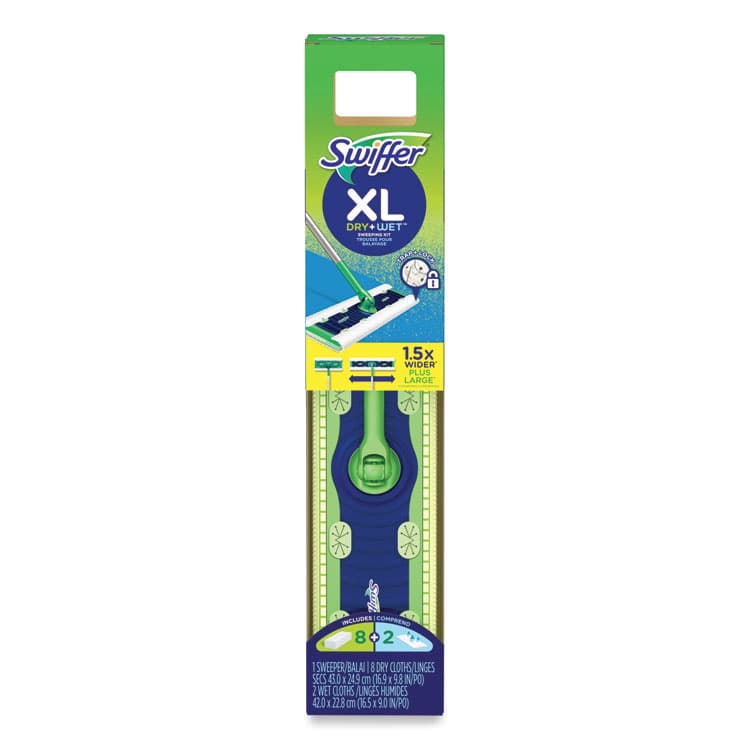 PROCTER & GAMBLE Sweeper Mop, XL Dry + Wet Sweeping Kit, 16.5 x 9 White Cloth Head, 46" Green/Silver Aluminum/Plastic Handle (PGC01096)