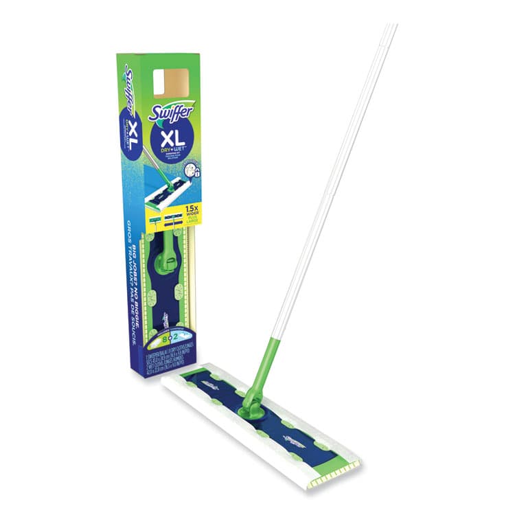 PROCTER & GAMBLE Sweeper Mop, XL Dry + Wet Sweeping Kit, 16.5 x 9 White Cloth Head, 46" Green/Silver Aluminum/Plastic Handle (PGC01096) thumbnail 4