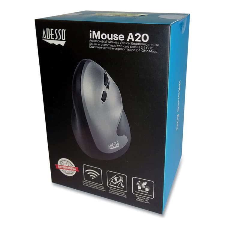 ADESSO iMouse A20 Antimicrobial Vertical Wireless Mouse, 2.4 GHz Frequency/33 ft Wireless Range, Right Hand Use, Black/Granite (ADEA20)