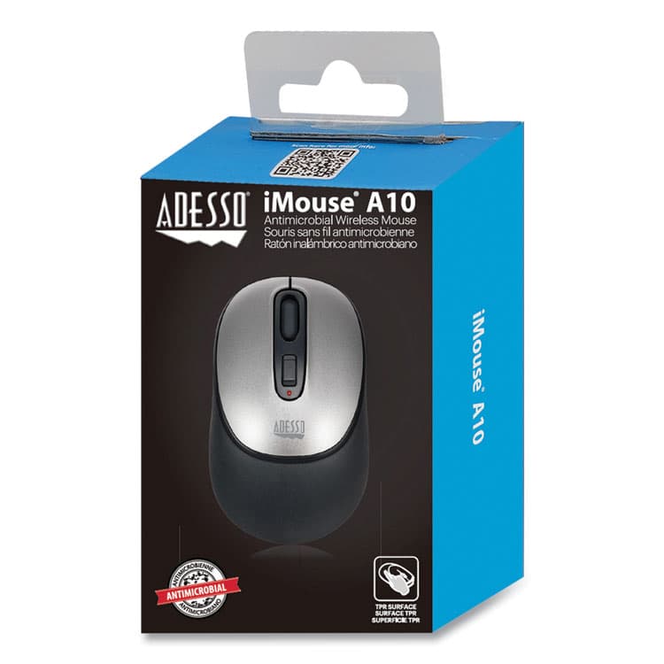 ADESSO iMouse A10 Antimicrobial Wireless Mouse, 2.4 GHz Frequency/30 ft Wireless Range, Left/Right Hand Use, Black/Silver (ADEA10)