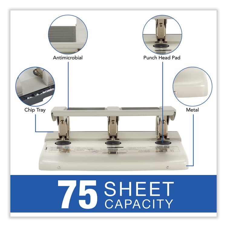ACCO BRANDS, . 75-Sheet Heavy-Duty High-Capacity Three-Hole Adjustable Punch, 9/32" Holes, Putty/Gray (SWI74550) thumbnail 4