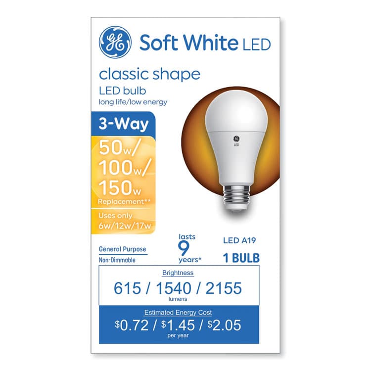 GENERAL ELECTRIC CO. Classic LED SW Non-Dim A19 Light Bulb, 3-Way: 6 W - 12 W - 17 W, Soft White (GEL93130566)