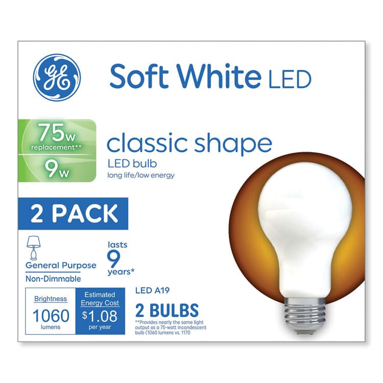 GENERAL ELECTRIC CO. Classic LED SW Non-Dim A19 Light Bulb, 9 W, Soft White, 2/Pack (GEL93109032)