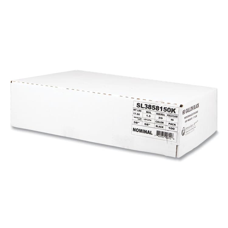 INTEGRATED BAGGING SYSTEMS Low-Density Commercial Can Liners, 60 gal, 1.5 mil, 38" x 58", Black, Interleaved Roll, 20 Bags/Roll, 5 Rolls/Carton (IBSSL3858150K)