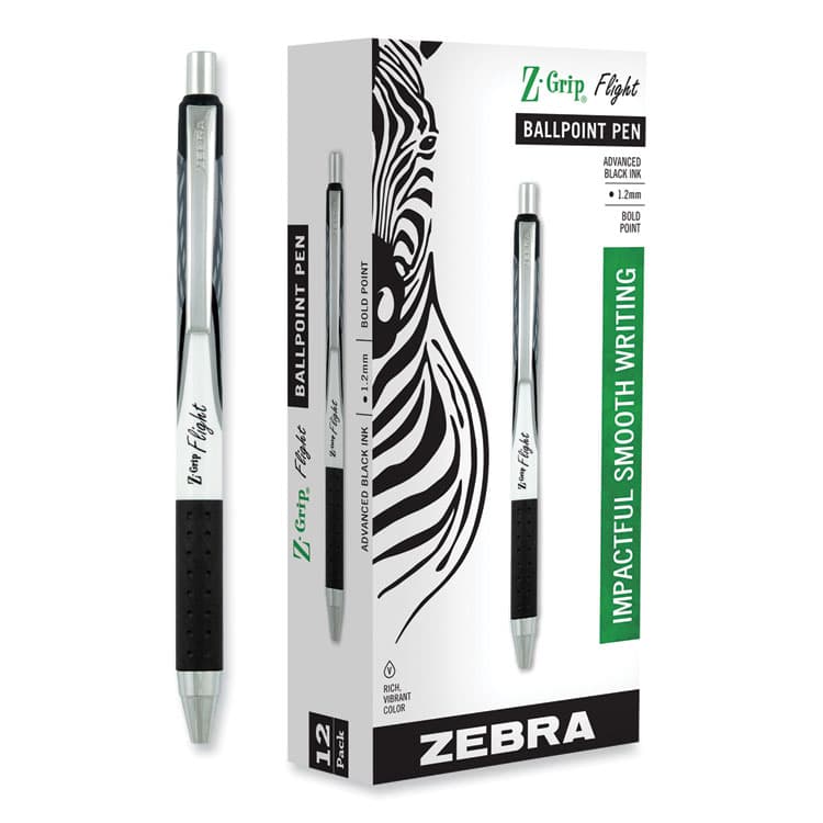 ZEBRA PEN CORP. Z-Grip Flight Ballpoint Pen, Retractable, Bold 1.2 mm, Black Ink, Black/Gray/White Barrel, 12/Pack (ZEB21910) thumbnail 2