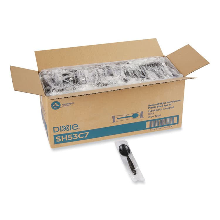 DIXIE FOOD SERVICE Individually Wrapped Heavyweight Soup Spoons, 5.75", Plastic, Black, 1,000/Carton (DXESH53C7)