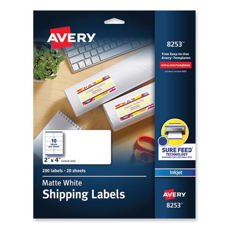 AVERY PRODUCTS CORPORATION Vibrant Inkjet Color-Print Labels w/ Sure Feed, 2 x 4, Matte White, 200/PK (AVE8253)