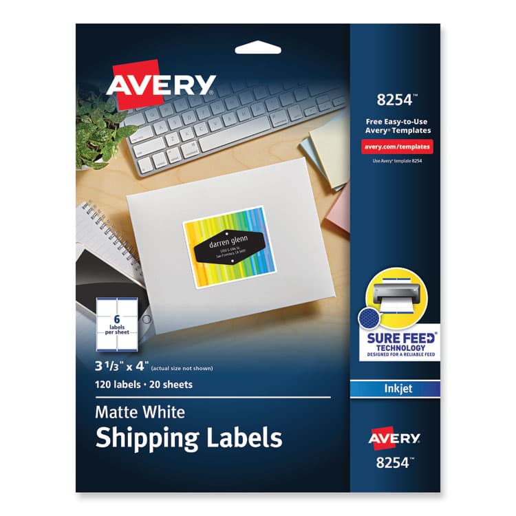 AVERY PRODUCTS CORPORATION Vibrant Inkjet Color-Print Labels w/ Sure Feed, 3.33 x 4, Matte White, 120/PK (AVE8254)