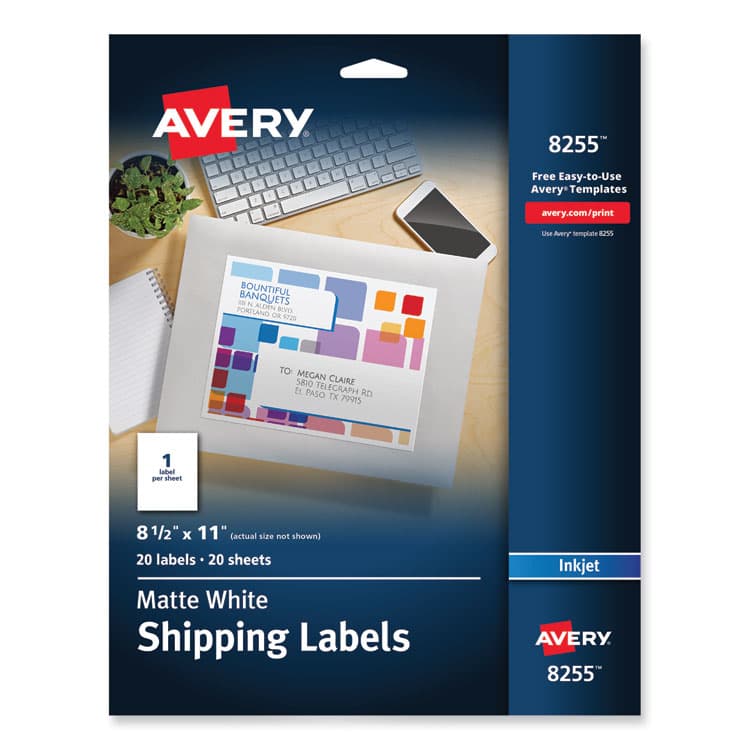 AVERY PRODUCTS CORPORATION Full-Sheet Vibrant Inkjet Color-Print Labels, 8.5 x 11, Matte White, 20/Pack (AVE8255)