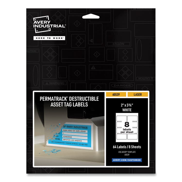 AVERY PRODUCTS CORPORATION PermaTrack Destructible Asset Tag Labels, Laser Printers, 2 x 3.75, White, 8/Sheet, 8 Sheets/Pack (AVE60539)