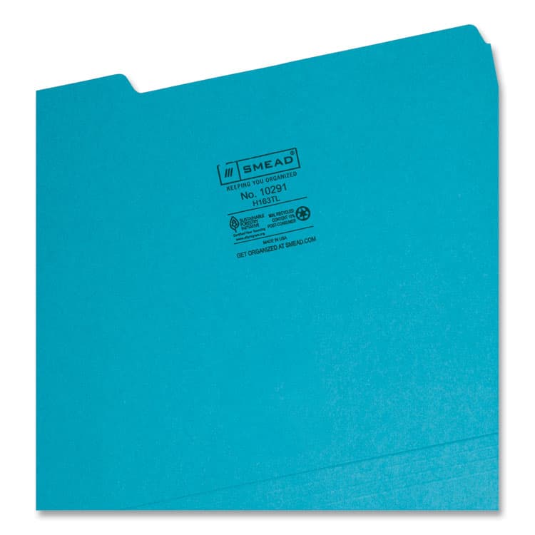 SMEAD MANUFACTURING CO. Interior File Folders, 1/3-Cut Tabs: Assorted, Letter Size, 0.75" Expansion, Teal, 100/Box (SMD10291) thumbnail 3