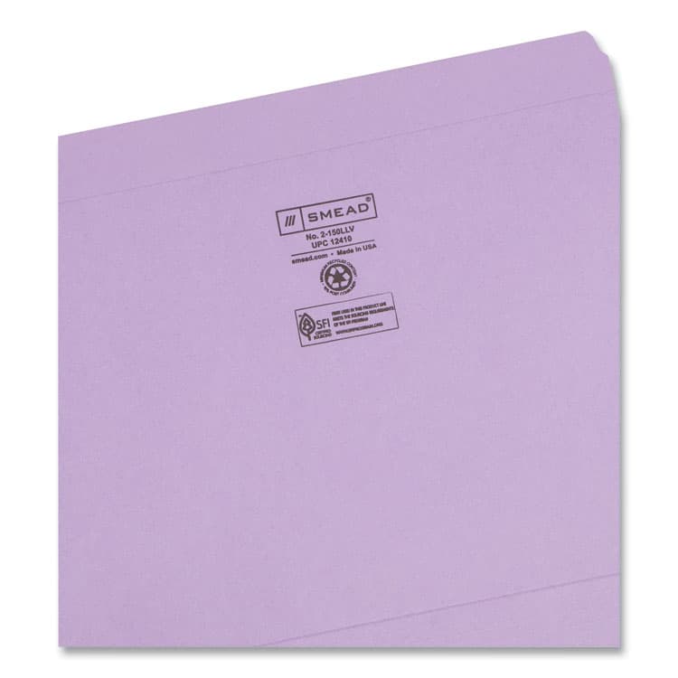 SMEAD MANUFACTURING CO. Reinforced Top Tab Colored File Folders, Straight Tabs, Letter Size, 0.75" Expansion, Lavender, 100/Box (SMD12410) thumbnail 3