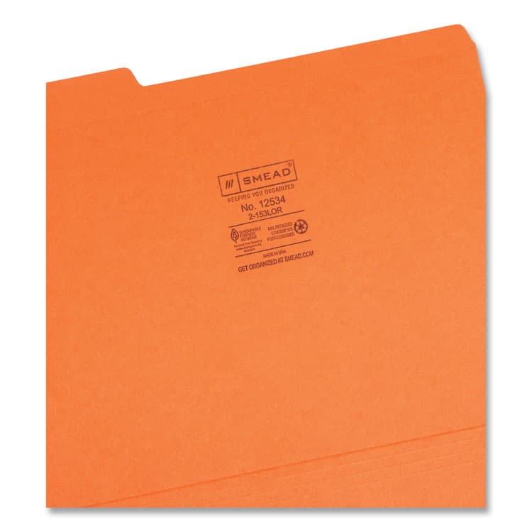 SMEAD MANUFACTURING CO. Reinforced Top Tab Colored File Folders, 1/3-Cut Tabs: Assorted, Letter Size, 0.75" Expansion, Orange, 100/Box (SMD12534) thumbnail 3