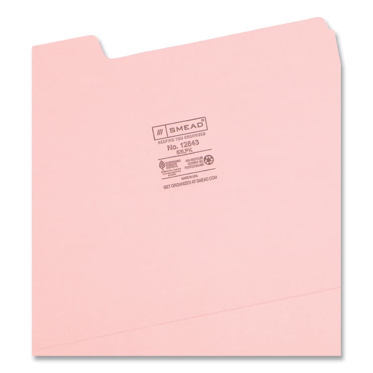 SMEAD MANUFACTURING CO. Colored File Folders, 1/3-Cut Tabs: Assorted, Letter Size, 0.75" Expansion, Pink, 100/Box (SMD12643) thumbnail 3