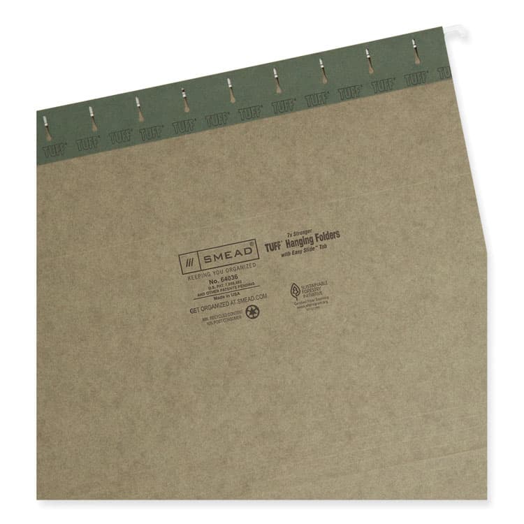 SMEAD MANUFACTURING CO. TUFF Hanging Folders with Easy Slide Tab, Letter Size, 1/3-Cut Tabs, Standard Green, 20/Box (SMD64036) thumbnail 3