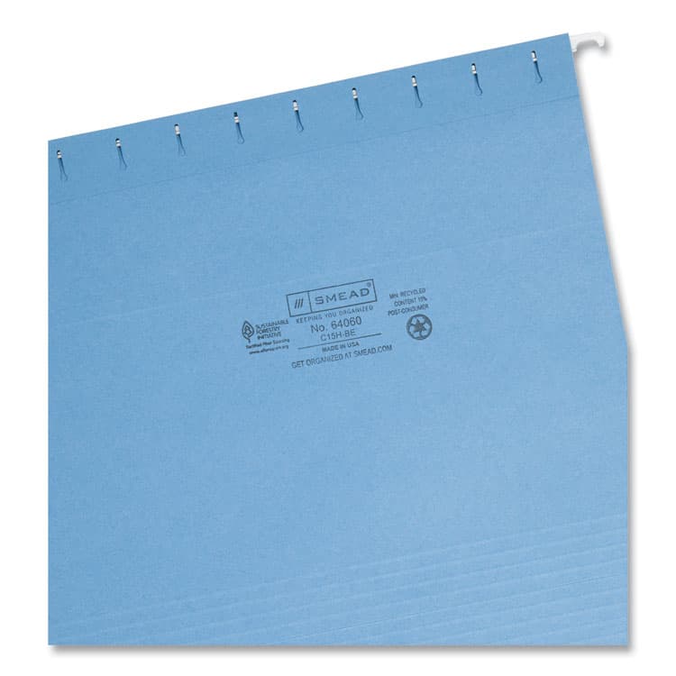 SMEAD MANUFACTURING CO. Colored Hanging File Folders with 1/5 Cut Tabs, Letter Size, 1/5-Cut Tabs, Blue, 25/Box (SMD64060) thumbnail 3