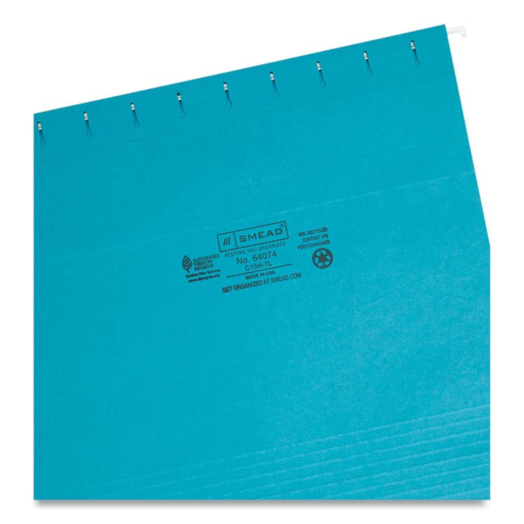 SMEAD MANUFACTURING CO. Colored Hanging File Folders with 1/5 Cut Tabs, Letter Size, 1/5-Cut Tabs, Teal, 25/Box (SMD64074) thumbnail 3