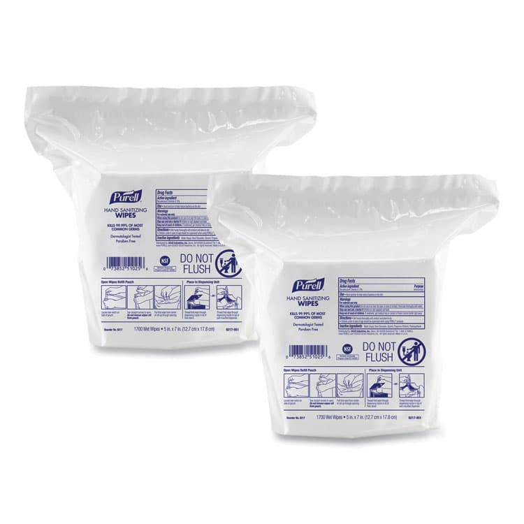 GO-JO INDUSTRIES Hand Sanitizing Wipes, 3-Ply, 8.25 x 14.06, Fresh Citrus Scent, White, 1,700 Wipes/Pouch, 2 Pouches/Carton (GOJ921702)