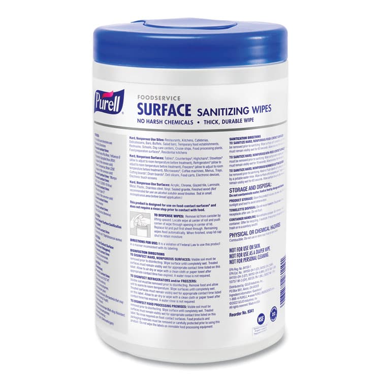 GO-JO INDUSTRIES Foodservice Surface Sanitizing Wipes, 1-Ply, 10 x 7, Fragrance-Free, White, 110/Canister, 6 Canisters/Carton (GOJ934106CT) thumbnail 3