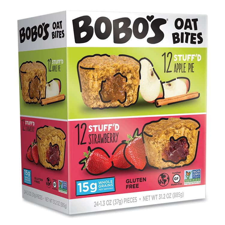 BOBO'S Stuff'd Oatmeal Bites, Two-Flavor Multi-Pack: Apple Pie and Strawberry, 1.3 oz Individually Wrapped, 24/Carton (BBO00125)