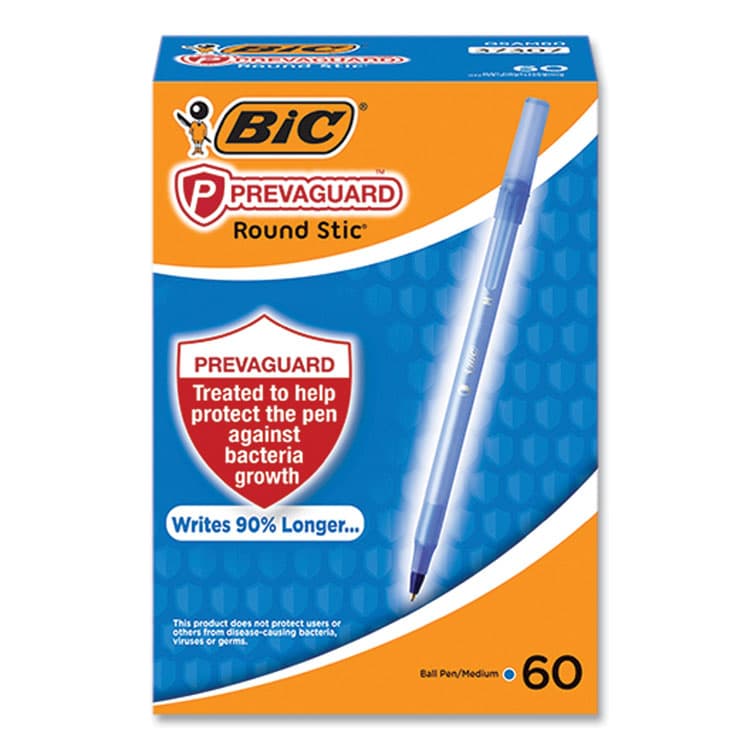 BIC CORP. PrevaGuard Round Stic Ballpoint Pen, Stick, Medium 1 mm, Blue Ink, Translucent Blue Barrel, 60/Pack (BICGSAM60BLU)