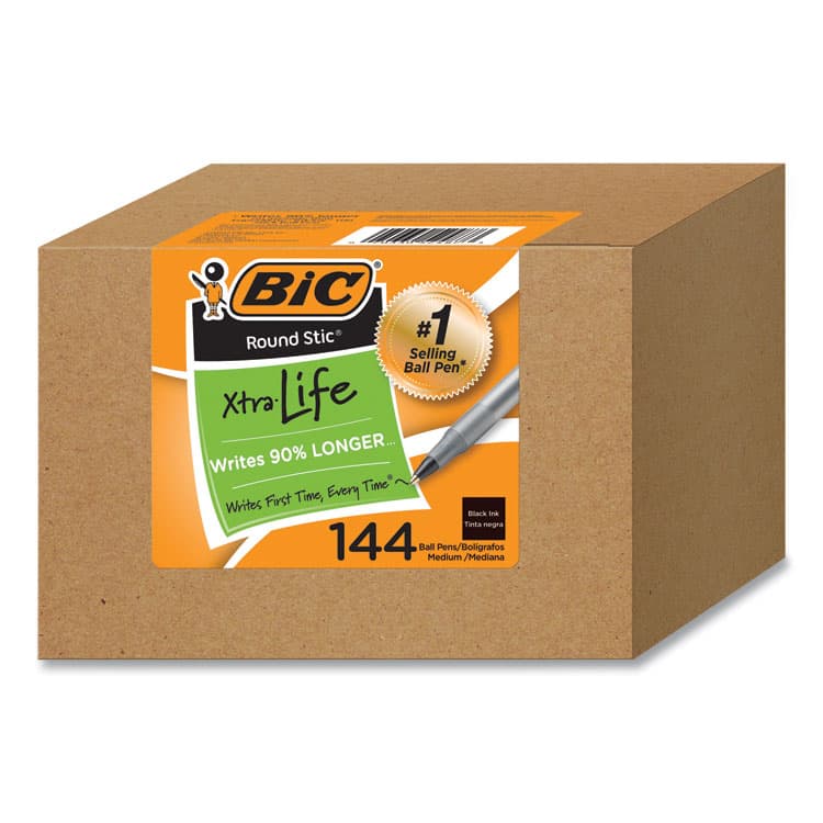 BIC CORP. Round Stic Xtra Life Ballpoint Pen, Stick, Medium 1 mm, Black Ink, Translucent Black Barrel, 144/Pack (BICGSM144AZBLK)