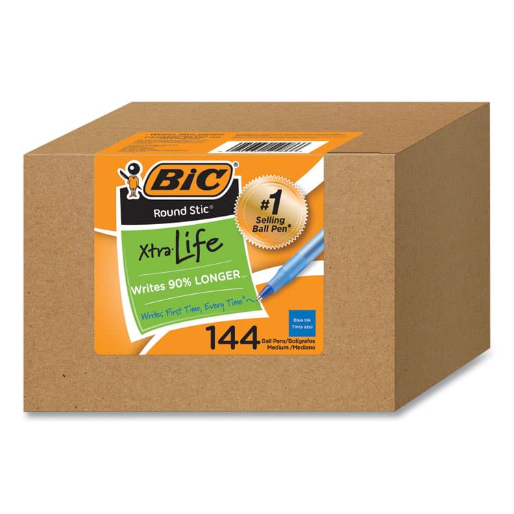 BIC CORP. Round Stic Xtra Life Ballpoint Pen, Stick, Medium 1 mm, Blue Ink, Translucent Blue Barrel, 144/Pack (BICGSM144AZBLU)