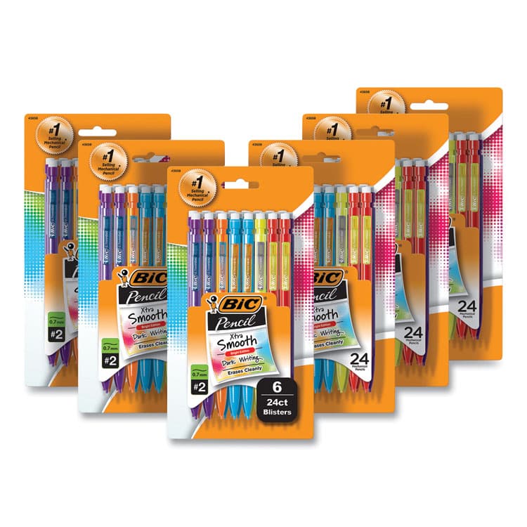 BIC CORP. Xtra-Smooth Bright Edition Mechanical Pencils, 0.7 mm, HB (#2), Black Lead, Assorted Barrel Colors, 24/Pack, 6 Packs/Carton (BICMPCE144EBLK)