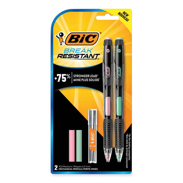 BIC CORP. Break-Resistant Mechanical Pencils with Erasers, 0.7 mm, HB (#2), Black Lead, Assorted Barrel Colors, 2/Pack (BICMV7PRP2BLK)